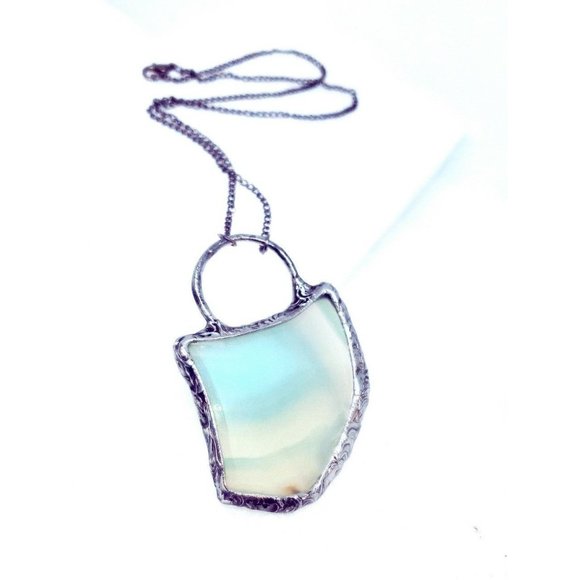 Blue agate crystal necklace handmade gothic metalwork fantasy jewelry beach gems - Picture 7 of 12